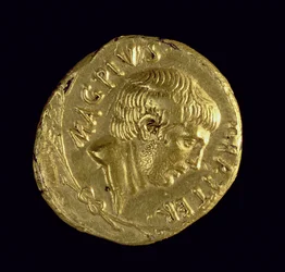 Aureus (Vorderseite) mit dem nackten Kopf von Sextus Pompeius (78-35 v. Chr.) Inschrift: MAG PIVS IMP ITER